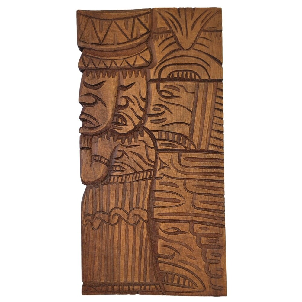 Vintage Hand-Carved Wood Panel Featuring Indigenous-style Relief